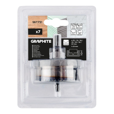 Коронки по дереву GRAPHITE загартовані зубці 26-63х25мм 7шт Коронки по дереву GRAPHITE загартовані зубці 26-63х25мм 7шт