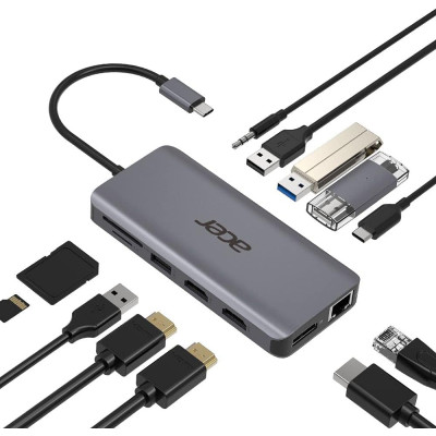 Acer Хаб USB-С > 2xUSB-A3.2/2xUSB-A2.0/SD/TF/2xHDMI/1xDP/1xRJ45/mini-jack, 0.15м, сірий