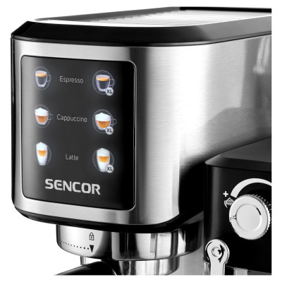 Кавоварка Sencor ріжкова 1л, мелена, автоматичний капучинатор, LCD-дисплей, нерж. сталь, сірий