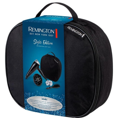 Фен Remington Style Edition, 2200Вт, 3 режими, іоніз-я, хол. обдув, дифузор, гребінець, резинка, кейс, чорно-сірий