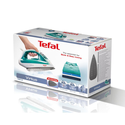 Праска Tefal Virtuo, 1800Вт, 200мл, паровий удар -80гр, постійна пара - 24гр, керам. підошва, біло-бірюзовий Праска Tefal Virtuo, 1800Вт, 200мл, паровий удар -80гр, постійна пара - 24гр, керам. підошва, біло-бірюзовий