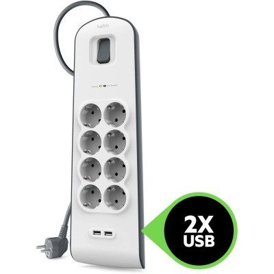 Подовжувач мережевий Belkin 2м, 8хТип, 16А, 2xUSB-A 2.4A, фільтр, білий