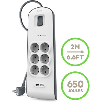 Подовжувач мережевий Belkin 2м, 6хТип, 16А, 2xUSB-A 2.4A, фільтр, білий