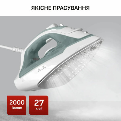 Праска Tefal Virtuo 30, 2000Вт, 240мл, паровий удар -120гр, постійна пара - 27гр, керам. підошва, біло-зелений Праска Tefal Virtuo 30, 2000Вт, 240мл, паровий удар -120гр, постійна пара - 27гр, керам. підошва, біло-зелений