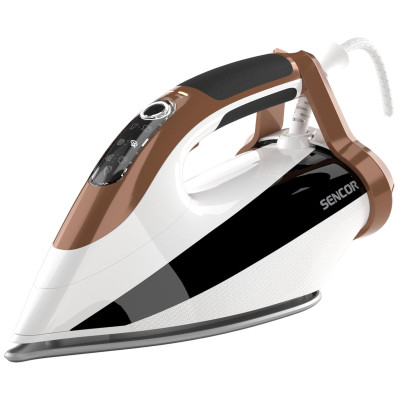 Праска Sencor, 2800Вт, 330мл, паровий удар -195гр, постійна пара - 55гр, pro та auto режими, керам. підошва, біло-коричневий Праска Sencor, 2800Вт, 330мл, паровий удар -195гр, постійна пара - 55гр, pro та auto режими, керам. підошва, біло-коричневий