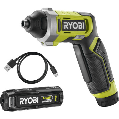 Отвертка аккумуляторная Ryobi RSD4-120T 4В USB Lithium акб 1х2А-ч 5Нм 200об-в кейс для хранения 10 насадок 0.37кг