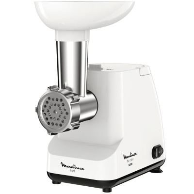Мясорубка Moulinex, 1400Вт, 1.7кг/мин, 2 решетки, насадка для колбас, пластик, белый (ME111032)