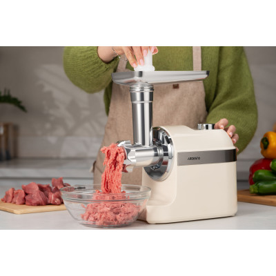 ARDESTO М'ясорубка, 1800Вт, 2кг/хв, 3 решітки, насадка для ковбас, кеббе, пластик, бежево-сріблястий