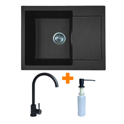 Набір кухонний Adamant Minimal, штучний камінь, прямокут., з крилом, 615х495х200мм, чаша - 1, врізна, чорний + змішувач та дозатор Набір кухонний Adamant Minimal, штучний камінь, прямокут., з крилом, 615х495х200мм, чаша - 1, врізна, чорний + змішувач та дозатор