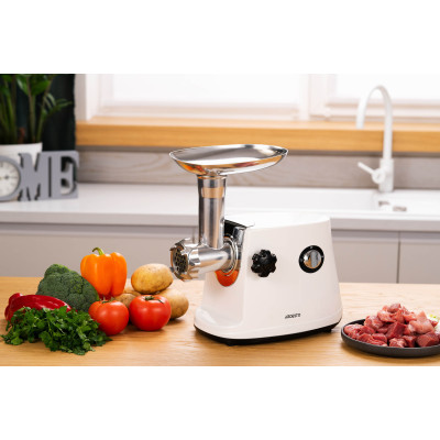 ARDESTO М'ясорубка, 1600Вт, продук.-1.6кг/хв, 3 решітки + для ковб., кеббе, 3 терки, пластик, біло-сріблястий ARDESTO М'ясорубка, 1600Вт, продук.-1.6кг/хв, 3 решітки + для ковб., кеббе, 3 терки, пластик, біло-сріблястий