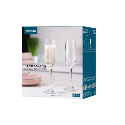 Набір келихів для шампанського Ardesto Gloria, 215мл, 6шт, скло, прозорий Набір келихів для шампанського Ardesto Gloria, 215мл, 6шт, скло, прозорий