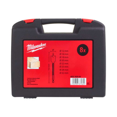 Свердло по дереву перове Milwaukee, 12-32мм, шестигранний хвостовик, кейс, набір 8шт