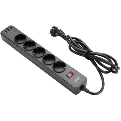 Подовжувач мережевий 2E 2м, 5xТипF, 16A, 3xUSB-A, фільтр, чорний