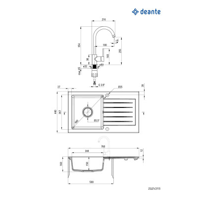 Набір для кухні Deante Zorba, гранітна мийка ZQZ_2113 + зміш. BEN_262M, графіт-хром Набір для кухні Deante Zorba, гранітна мийка ZQZ_2113 + зміш. BEN_262M, графіт-хром