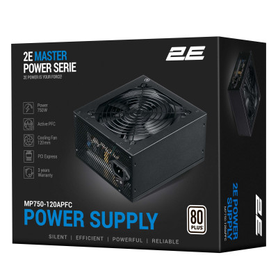 Блок питания 2E Master Power (750W), >80%, 80+ White, 120мм, 1xMB 24pin(20+4), 1xCPU 8pin(4+4), 3xMolex, 5xSATA, 4xPCIe 8pin(6+2)