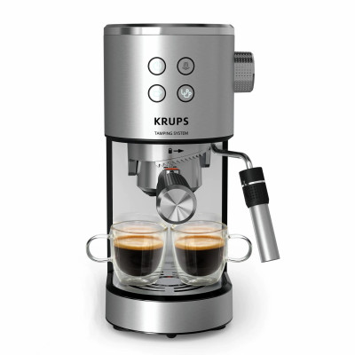 Кавоварка Krups ріжкова Virtuoso+ Tamping System 1л, мелена, ручний капучинатор, 15 бар, сірий