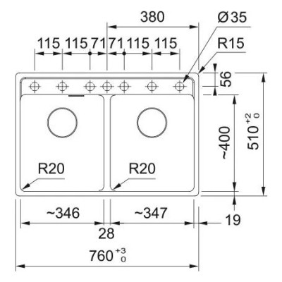 Мийка кухонна Franke Maris, фраграніт, прямокутник, без крила, 760х510х200мм, чаша - 2, врізна, MRG 620 TL, чорний матовий