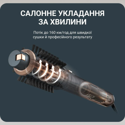 Фен-щітка Rowenta Air Rotate, 1300Вт, 4 режими, іоніз-я, хол. обдув, функція фену, 3 насадки, кераміка, чорно-золотий
