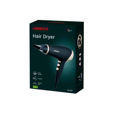 Фен ARDESTO Gemini HD-522, 1800-2200Вт, 2 швидкості, 3 темпер. режими , функція Cool Shot, чорний