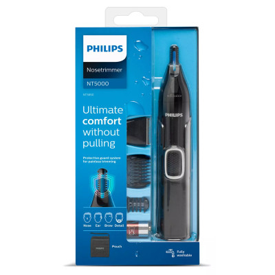 Тример Philips Series 5000, для бороди, вусів, окантовки, брови, носа та вух, 1хАА, насадок-4, чохол, сталь, чорний
