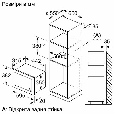 Bosch Мікрохвильова піч вбудована, 20л, електр. управл., 800Вт, дисплей, чорний/нержавійка