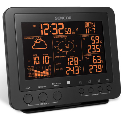 Метеостанція Sencor, внутр/зовн вимірювання, від мережі/CR2032x1+AAx3, темп-ра, вологість, час, прогноз погоди, атмосферний тиск, шв. вітру, чорний