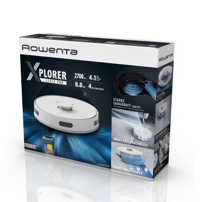Робот-пилосос Rowenta миючий X-Plorer Serie 75 S, 2700ПаВт, h=9.5см, 0.3л, конт пил -0.3л, вода - вологе прибирання, автон. робота до 120хв, білий