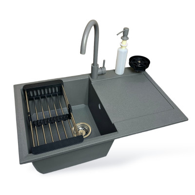 Набір кухонний Adamant Horizon, штучний камінь, прямокут., з крилом, 780х495х230мм, чаша - 1, врізна, сірий + змішувач та дозатор Набір кухонний Adamant Horizon, штучний камінь, прямокут., з крилом, 780х495х230мм, чаша - 1, врізна, сірий + змішувач та дозатор