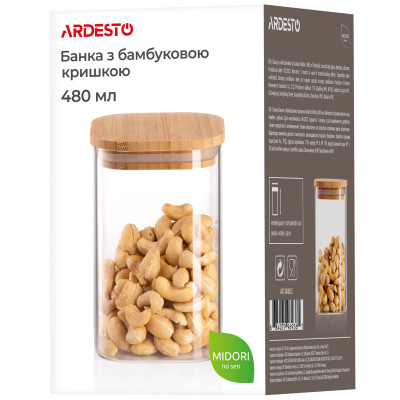 Банка для зберігання ARDESTO Midori, 480мл, скло, бамбук, квадратна, прозорий Банка для зберігання ARDESTO Midori, 480мл, скло, бамбук, квадратна, прозорий