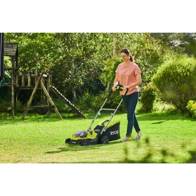 Газонокосилка аккумуляторная Ryobi RY18LMH37A-250 ONE+ Hybrid АКБ+сеть (18В/220В) акб 2х5А-ч 37см 45л 25-70мм мульчирование 15.7кг (5133004583)