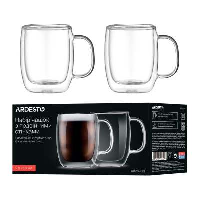 Набор чашек с ручками и двойными стенками Ardesto, 250мл, 2шт, боросиликатное стекло, прозрачный (AR2625BH) Набор чашек с ручками и двойными стенками Ardesto, 250мл, 2шт, боросиликатное стекло, прозрачный (AR2625BH)