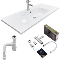 Набір для ванної кімнати, раковина, умивальник Adamant FLATE 100, штучний камінь, прямокут., з сифоном Click-Clack + змішувач Набір для ванної кімнати, раковина, умивальник Adamant FLATE 100, штучний камінь, прямокут., з сифоном Click-Clack + змішувач
