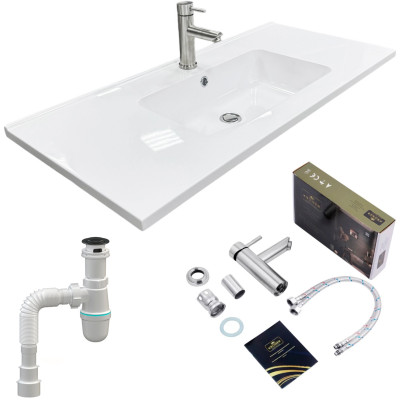 Набір для ванної кімнати, раковина, умивальник Adamant FLATE 100, штучний камінь, прямокут., з сифоном Click-Clack + змішувач Набір для ванної кімнати, раковина, умивальник Adamant FLATE 100, штучний камінь, прямокут., з сифоном Click-Clack + змішувач