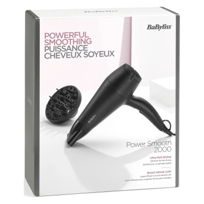 Фен Babyliss Power Smooth, 2000Вт, 2 режими, іонізація, хол. обдув, 2 насадки, чорний