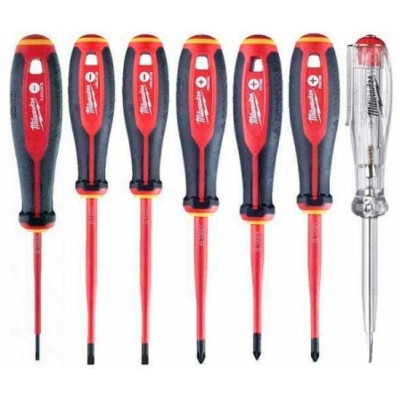 Набір викруток ізольованих Milwaukee до 1000В SL2,5,SL3,SL4,PH2,PZ1,PZ2,викрутка-тестер 7шт Набір викруток ізольованих Milwaukee до 1000В SL2,5,SL3,SL4,PH2,PZ1,PZ2,викрутка-тестер 7шт