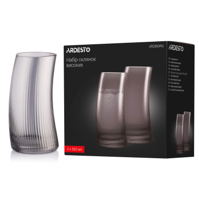 ARDESTO Набір склянок високих Graphite, 500мл, 2шт, скло, сірий ARDESTO Набір склянок високих Graphite, 500мл, 2шт, скло, сірий