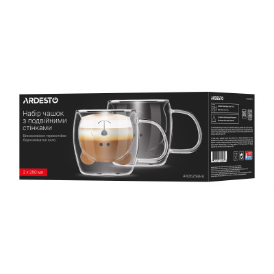 ARDESTO Набір чашок з ручками і подвійними стінками Animals, 250мл, 2шт, боросилікатне скло, прозорий ARDESTO Набір чашок з ручками і подвійними стінками Animals, 250мл, 2шт, боросилікатне скло, прозорий