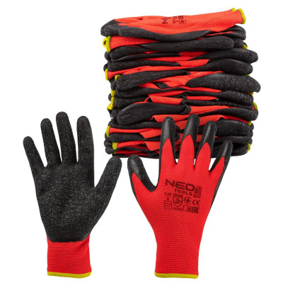Рукавички робочі Neo Tools поліестер з латексним покриттям, р.10, червоно-чорний 12шт