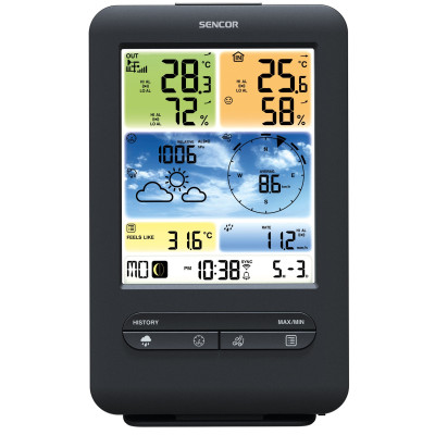 Метеостанція Sencor, внутр/зовн вимірювання, від мережі/CR2032x1+AAx3, темп-ра, вологість, час, прогноз погоди, атмосферний тиск, шв. вітру, чорний Метеостанція Sencor, внутр/зовн вимірювання, від мережі/CR2032x1+AAx3, темп-ра, вологість, час, прогноз погоди, атмосферний тиск, шв. вітру, чорний