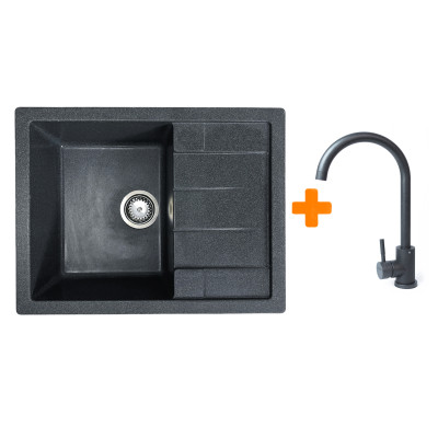 Набір кухонний Adamant Anila, штучний камінь, прямокут., з крилом, 645х495х200мм, чаша - 1, врізна, графіт + змішувач Набір кухонний Adamant Anila, штучний камінь, прямокут., з крилом, 645х495х200мм, чаша - 1, врізна, графіт + змішувач
