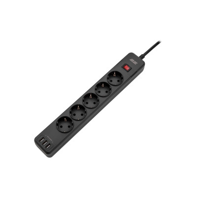 Удлинитель-фильтр сетевой 2E 5xТип F, 3x1.5мм кв, 16A, 3xUSB-A, с защитой от перенапряжения, 2м, черный 2E-SP515M2USBBK