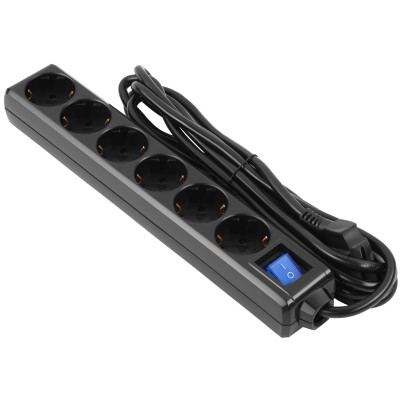 Подовжувач мережевий 2E 3м, 6xТипF, 16A, чорний