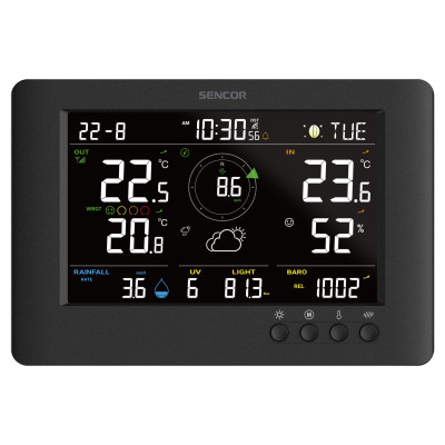 Метеостанція Sencor, внутр/зовн вимірювання, від мережі/CR2032x1+AAx3, темп-ра, вологість, час, прогноз погоди, атмосферний тиск, шв. вітру, чорний Метеостанція Sencor, внутр/зовн вимірювання, від мережі/CR2032x1+AAx3, темп-ра, вологість, час, прогноз погоди, атмосферний тиск, шв. вітру, чорний