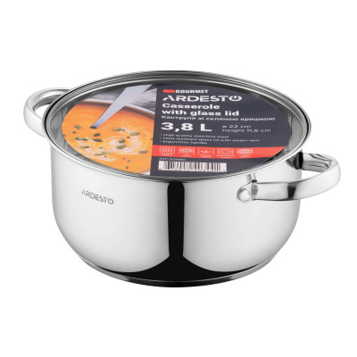 Каструля ARDESTO Gemini Gourmet, скляна кришка, 3.8 л, нержавіюча сталь
