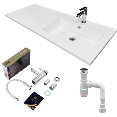 Набір для ванної кімнати, раковина, умивальник Adamant FLATE 120R, штучний камінь, прямокут., з сифоном Click-Clack + змішувач Набір для ванної кімнати, раковина, умивальник Adamant FLATE 120R, штучний камінь, прямокут., з сифоном Click-Clack + змішувач