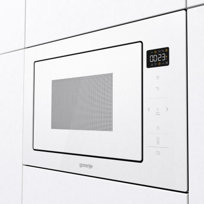 Gorenje Мікрохвильова піч вбудовувана, 25л, електр. управл., 900Вт, гриль, дисплей, приготування на кількох рівнях, білий