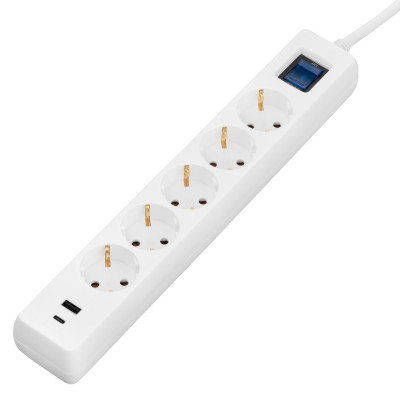 Мережевий фільтр 2E 5хSchuko, 1 х USB, 1 x USB-C, 3 м (2E-SP515M3USBWH)