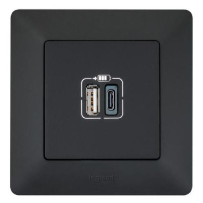 Зарядний пристрій з двома USB-роз'ємами тип А+типС Valena LIFE, 240V, 5V, 3A, матовий чорний