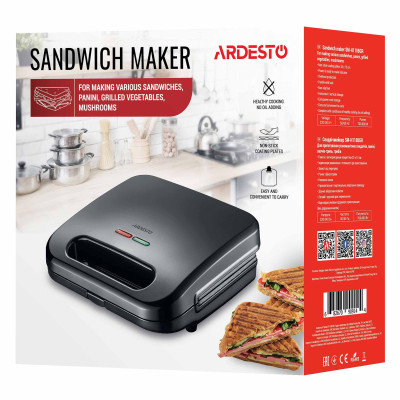 Сендвічмейкер Ardesto 700Вт, 1 пластина-гриль, корпус-пластик, чорний