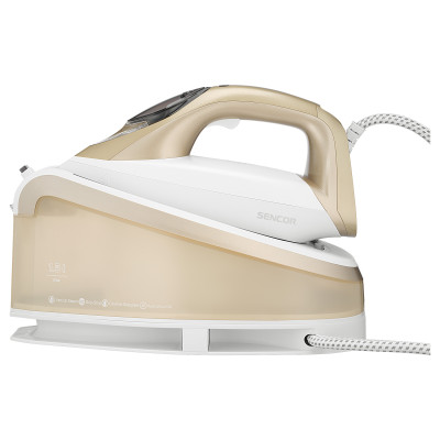 Праска-парогенератор Sencor, 2400Вт, 1500мл, паровий удар -395гр, постійна пара - 130гр, Anti-calc, керам. підошва, біло-золотий Праска-парогенератор Sencor, 2400Вт, 1500мл, паровий удар -395гр, постійна пара - 130гр, Anti-calc, керам. підошва, біло-золотий
